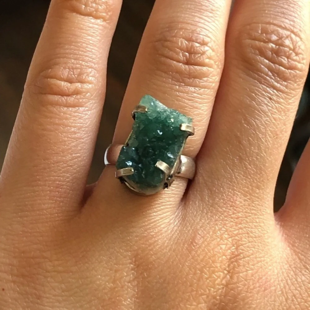 Green Druzy Silver Plated Ring